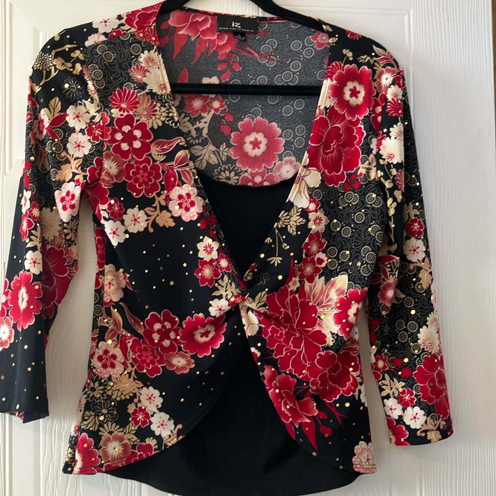 L (Fits M) Iz Byer Floral Gold Embellishment Retro Y2K Dressy Layered Look